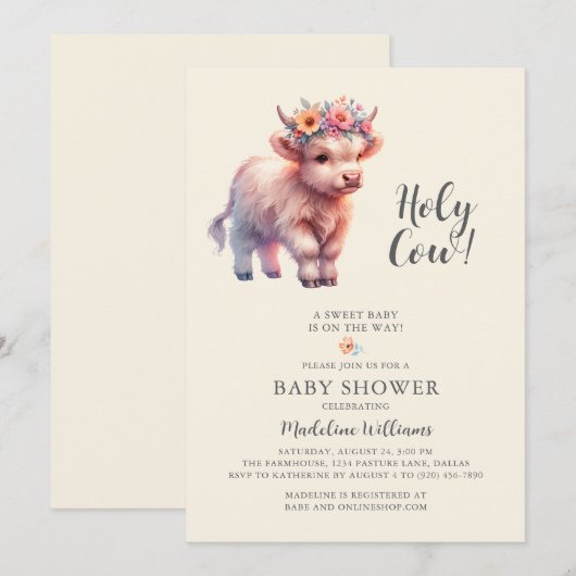 Invitation au Baby shower de la vache Highland Hol (Devant / Derrière)