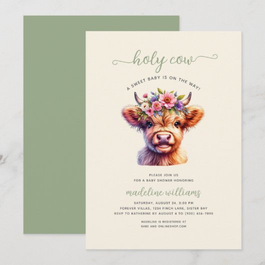 Invitation au Baby shower de la vache Highland Hol (Devant / Derrière)