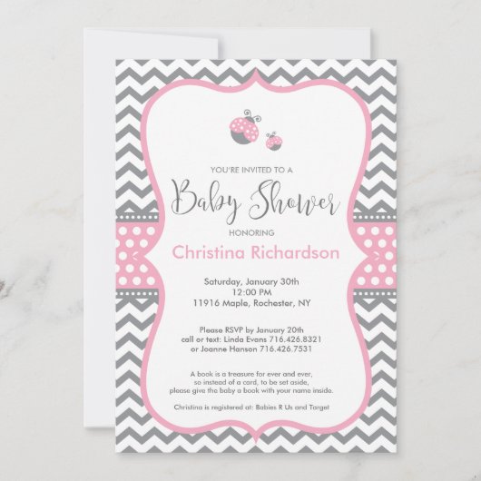 Invitation au Baby shower de Ladybug rose (Devant)