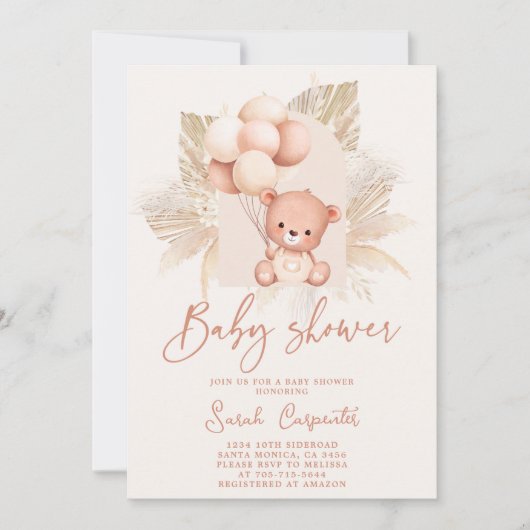 Invitation au Baby shower de l'ours de Boho (Devant)