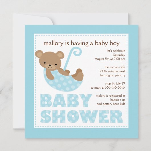 Invitation au Baby shower de l'Ours Parapluie (Devant)