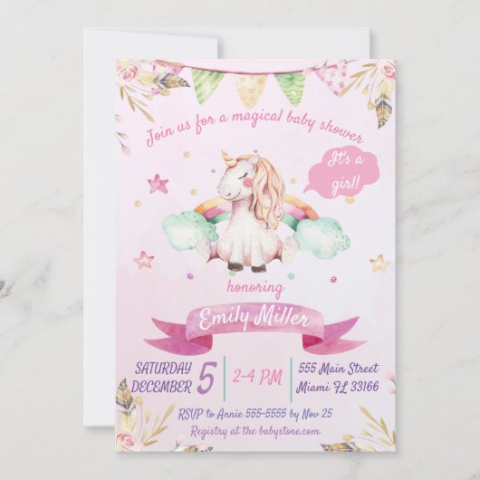 Invitation au Baby shower de l'Unicorne rose aquar (Devant)