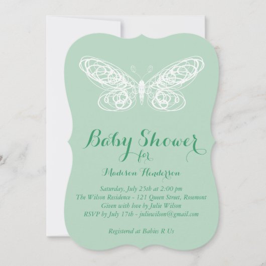 Invitation au Baby shower de papillon à la menthe (Devant)