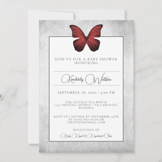 Invitation au Baby shower de papillon rouge (Devant)