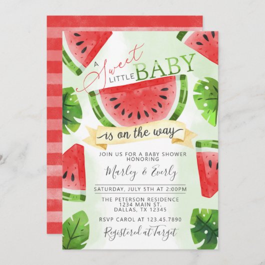 Invitation au Baby shower de pastèque rouge tropic (Devant / Derrière)
