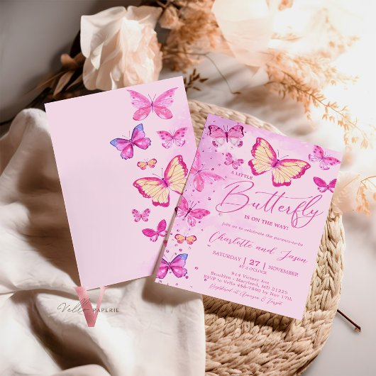 Invitation au Baby shower de petit papillon rose G