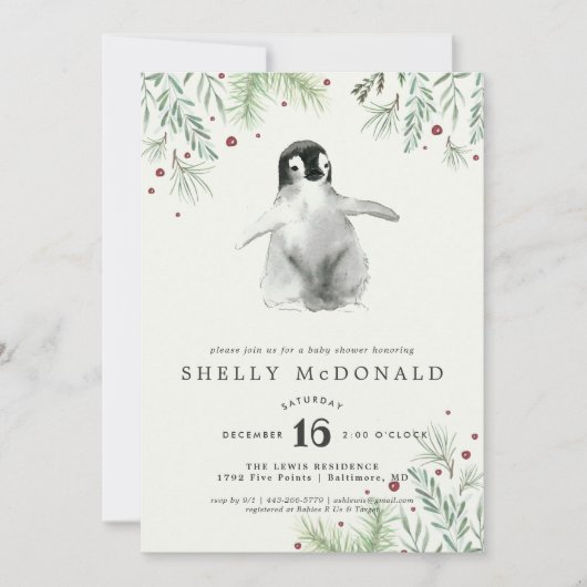 Invitation au Baby shower de pingouin d'hiver (Devant)