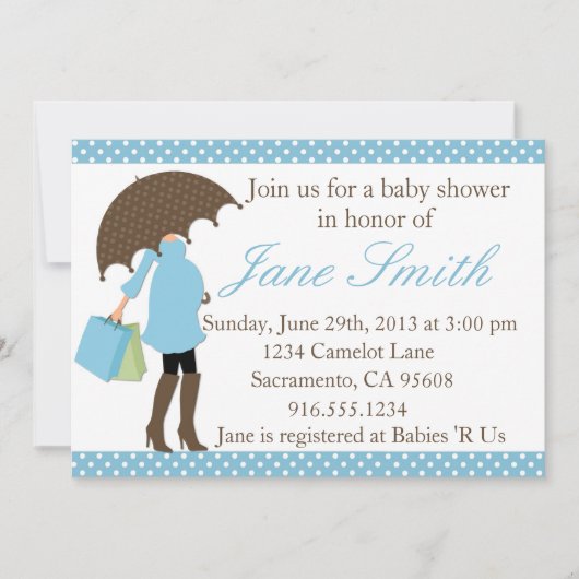 Invitation au Baby shower de points Polka bleu et (Devant)