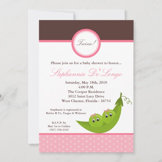 Invitation au Baby shower de pois pour filles TWIN (Devant)