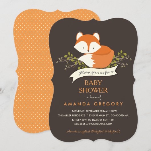 Invitation au Baby shower de renard de bois doux (Devant / Derrière)