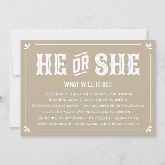 Invitation au Baby shower de révélation du genre v (Devant)