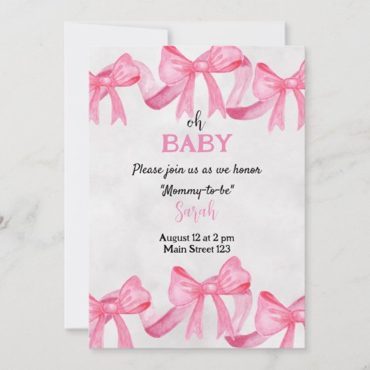 Invitation au Baby shower de ruban rose (Devant)