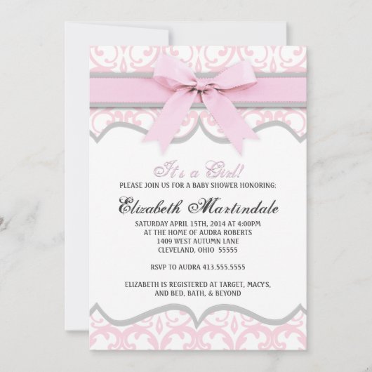 Invitation au Baby shower de ruban rose du coeur D (Devant)