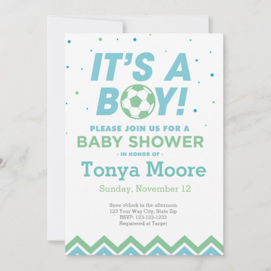 Invitation au Baby shower de soccer vert (Devant)