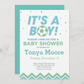 Invitation au Baby shower de soccer vert (Devant / Derrière)
