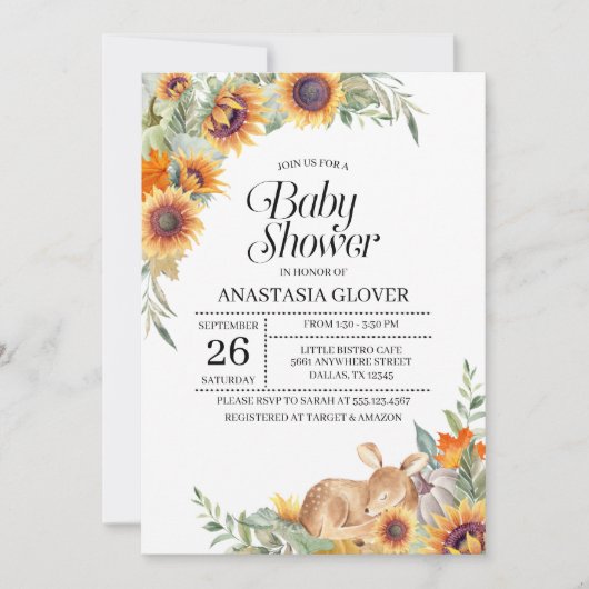 Invitation au Baby shower de Sunflower Woodland d' (Devant)