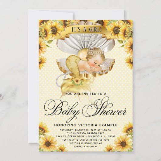 Invitation au Baby shower de tournesol de sirène (Devant)