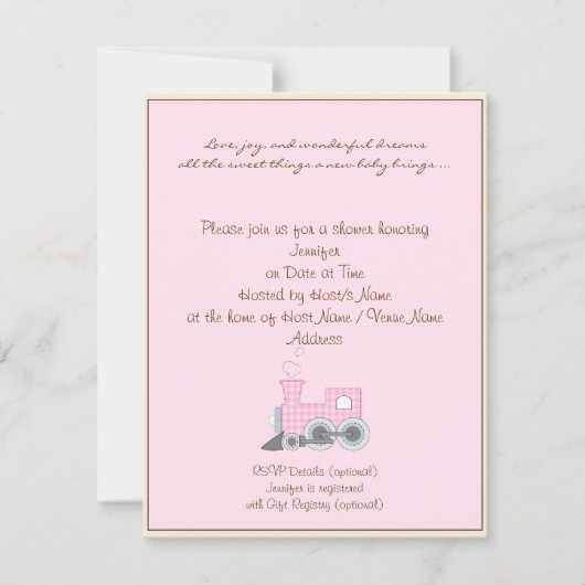 Invitation au Baby shower de train rose de la fron (Devant)