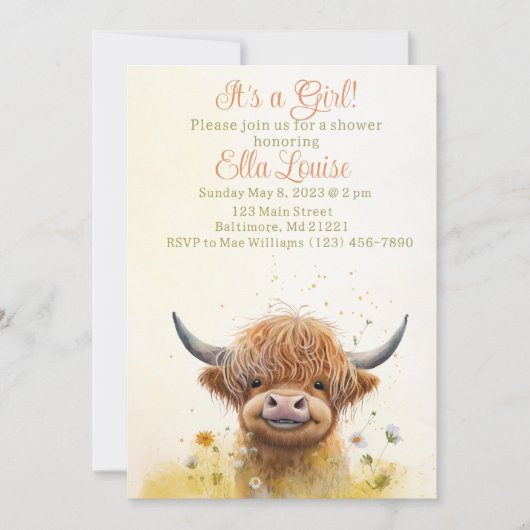 Invitation au baby shower de vache Floral Highland (Devant)
