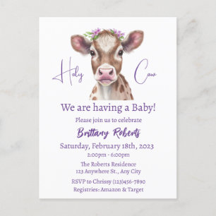 Invitation au Baby shower de vache Floral Highland