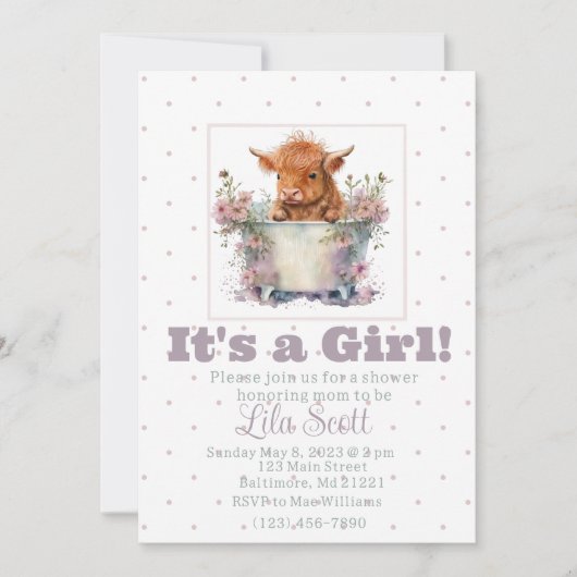 Invitation au baby shower de vache Girl Highland (Devant)