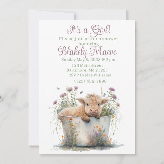 Invitation au baby shower de vache Girl Highland (Devant)