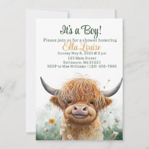 Invitation au baby shower de vache Highland à fleu