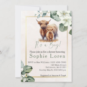 Invitation au baby shower de vache Highland à fleu