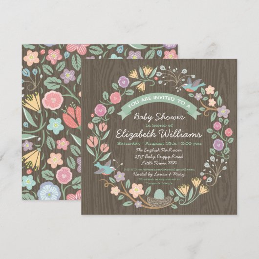 Invitation au Baby shower de Wreath Floral Woodlan (Devant / Derrière)