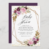 Invitation au baby shower d'écriture florale viole (Devant / Derrière)
