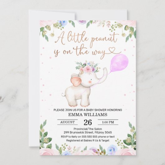Invitation au Baby shower d'éléphant d'arachide fl (Devant)