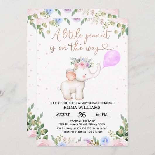 Invitation au Baby shower d'éléphant d'arachide fl (Devant / Derrière)