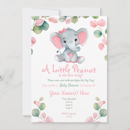 Invitation au Baby shower d'éléphant de fille vert (Devant)