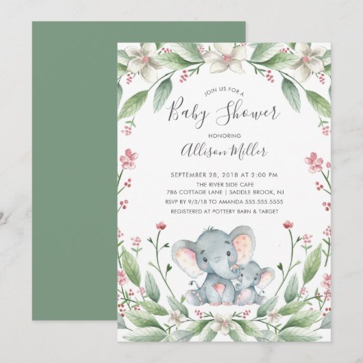 Invitation au Baby shower d'éléphant doux (Devant / Derrière)