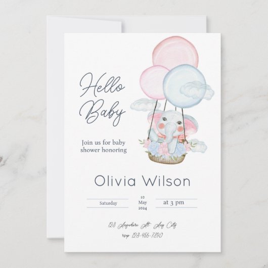 Invitation au Baby shower d'éléphant minimal blanc (Devant)