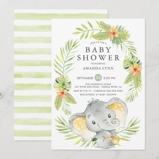 Invitation au Baby shower d'éléphant neutre (Devant / Derrière)