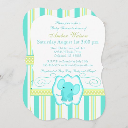 Invitation au Baby shower d'éléphant rayé (Devant / Derrière)
