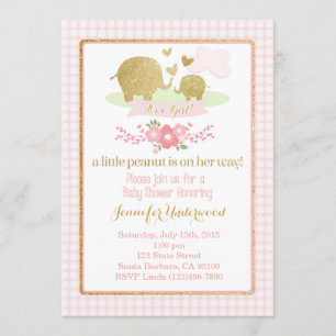 Invitation au Baby shower d'éléphant rose et or
