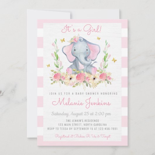 Invitation au Baby shower d'éléphants de fleurs (Devant)
