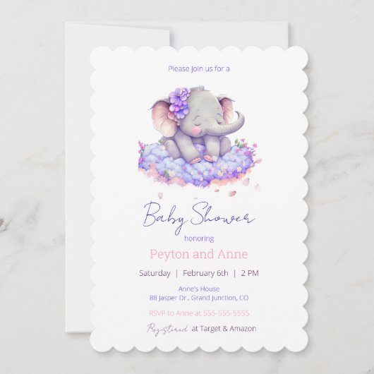 Invitation au Baby shower d'éléphants précieux (Devant)