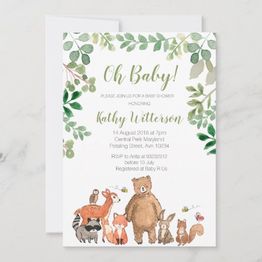 Invitation au Baby shower des animaux de verdure d (Devant)