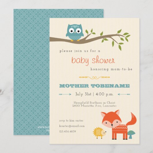 Invitation au Baby shower des animaux des bois - h (Devant / Derrière)