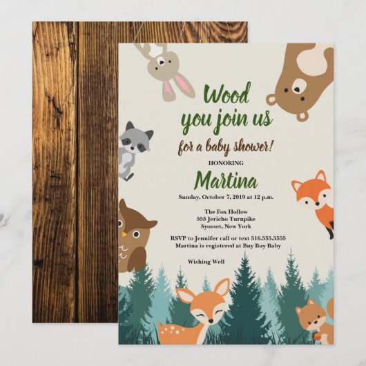 Invitation au Baby shower des animaux forestiers (Devant / Derrière)