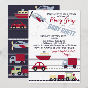 Invitation au Baby shower des avions, des trains e