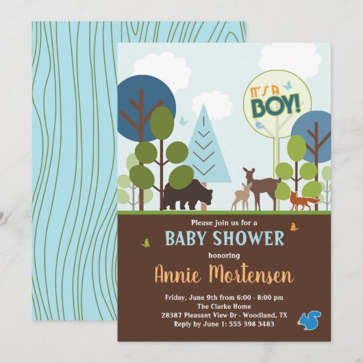 Invitation au Baby shower des bois, Animaux forest (Devant / Derrière)