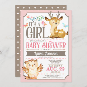 Invitation au Baby shower des cerfs et des chouett