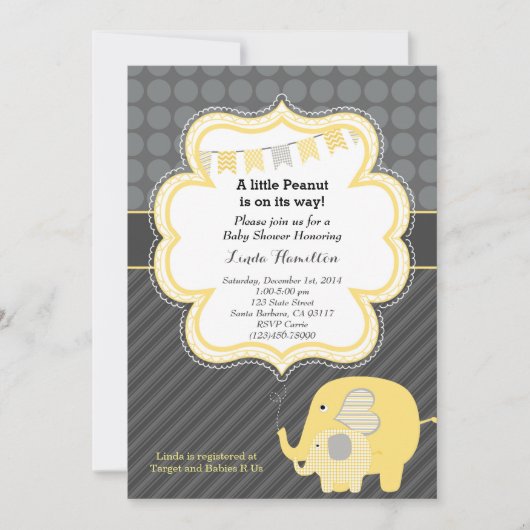 Invitation au Baby shower des éléphants jaunes (Devant)