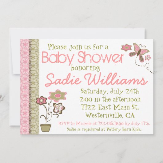 Invitation au Baby shower des fleurs et des papill (Devant)