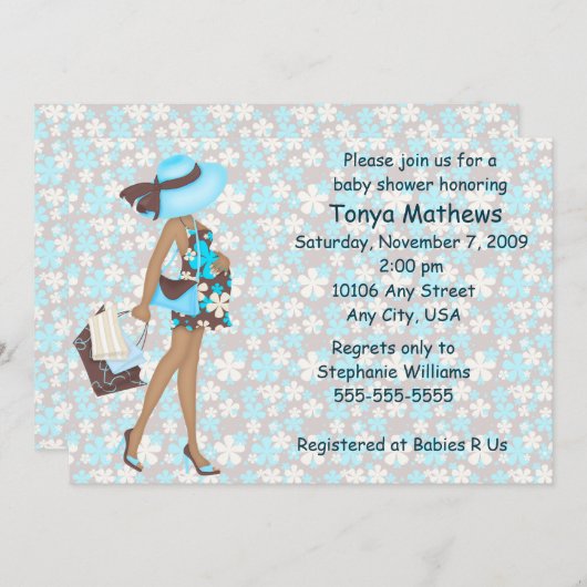 Invitation au Baby shower des fleurs rétro (Blue A (Devant / Derrière)