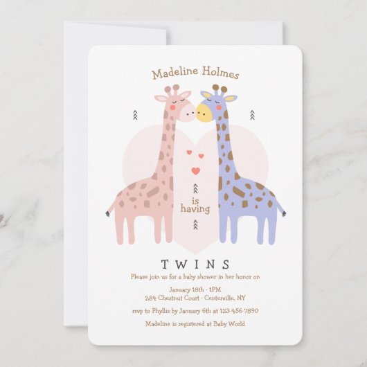 Invitation au Baby shower des Giraffes jumelles (Devant)